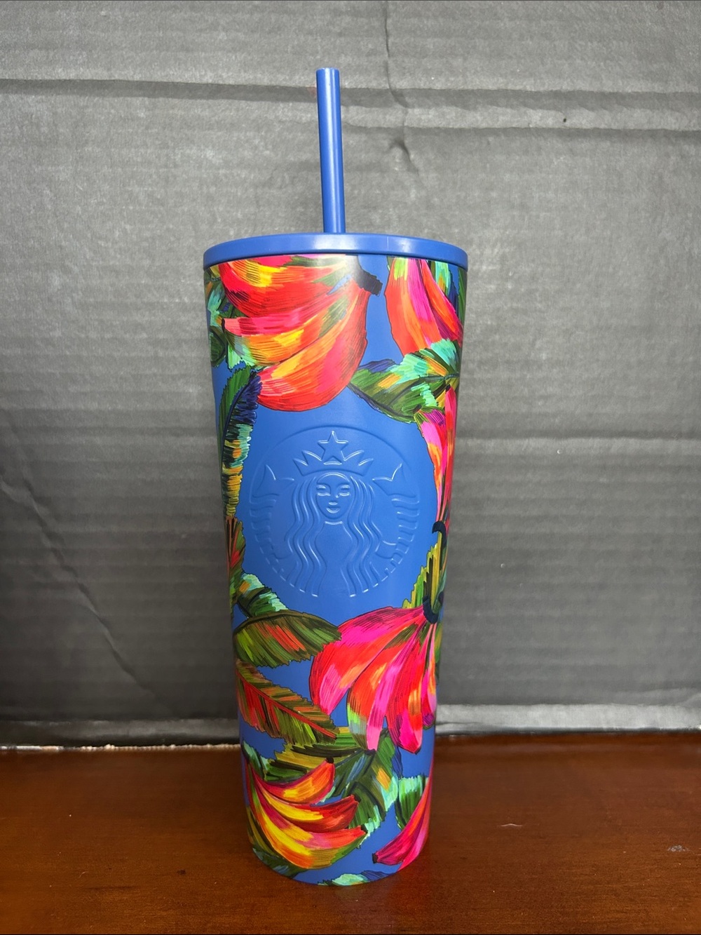 NWT Starbucks X Farm Rion Blue Floral Tall Reusable Aluminum Cup with Straw